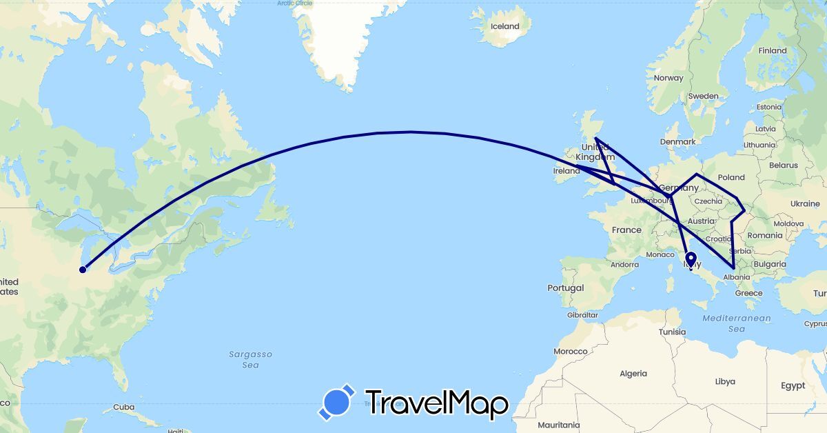 TravelMap itinerary: driving in Albania, Germany, United Kingdom, Hungary, Ireland, Italy, Netherlands, Poland, Slovakia, United States (Europe, North America)