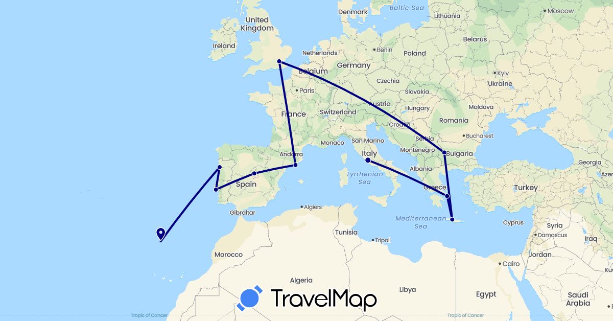 TravelMap itinerary: driving in Bulgaria, Spain, United Kingdom, Greece, Italy, Portugal (Europe)